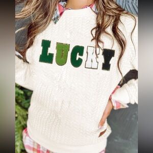 White Lucky Letter Patched Quilted Sweatshirt